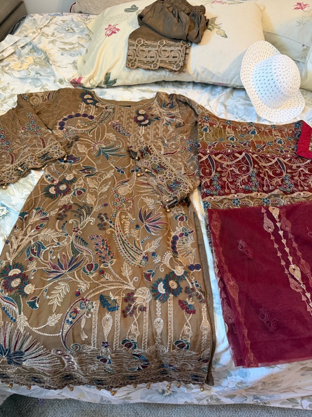 Embroidered Browne  & Maroon floral dress Pakistani 3 PCs dress